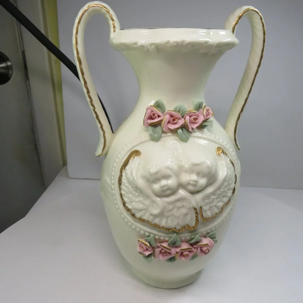 Cottagecore Angel Floral Rose Vase • Heavy Ceramic • 5.5” tall